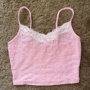 Baby Pink Eyelet Cami Top with White Lace & Pink Bow